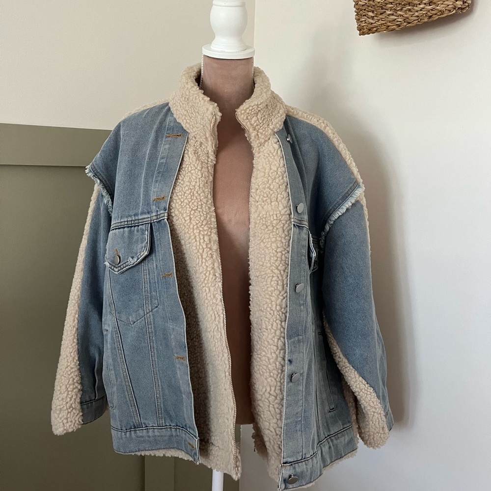 Sherpa/Jean Oversized Bomber Jacket